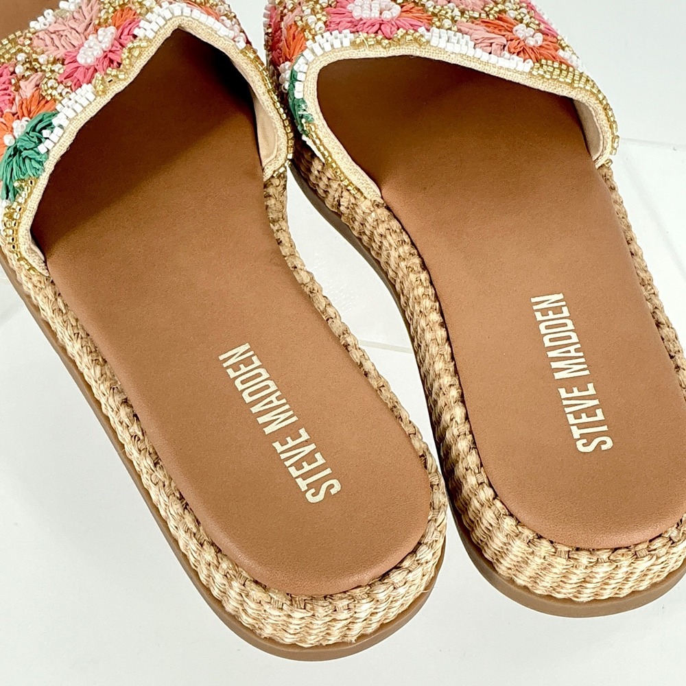 Steve Madden Size 8.5 Beaded Floral Raffia Platform Slide Sandals NEW Boardwalk - Picture 10 of 11